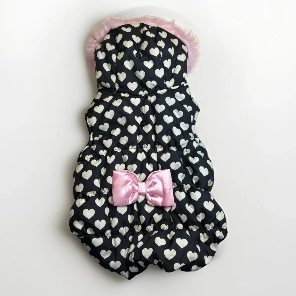 Dog Puffer Hoodie Jacket Winter Coat Outdoor Black White Hearts Pink Trim Bow Sm